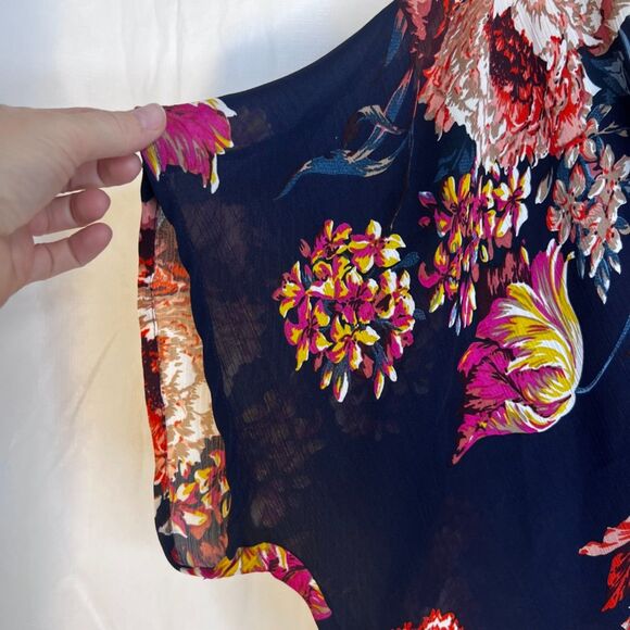 UmGee Tropical Bold Floral Print Blouse Waist Knot Boho Beachy Size Small Blue - Picture 4 of 8